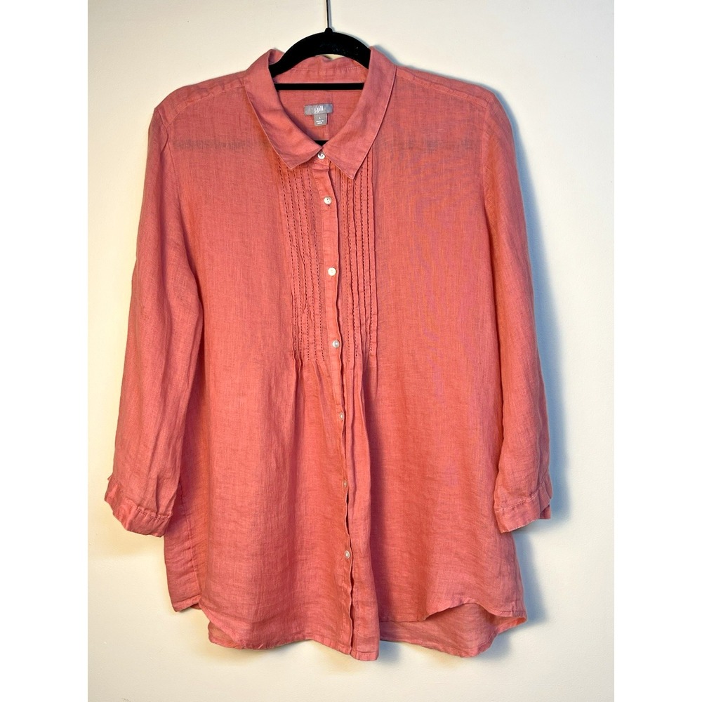 J Jill Linen Women's Large Smocked Front Button Up Shirt 3/4 Roll Sleeve